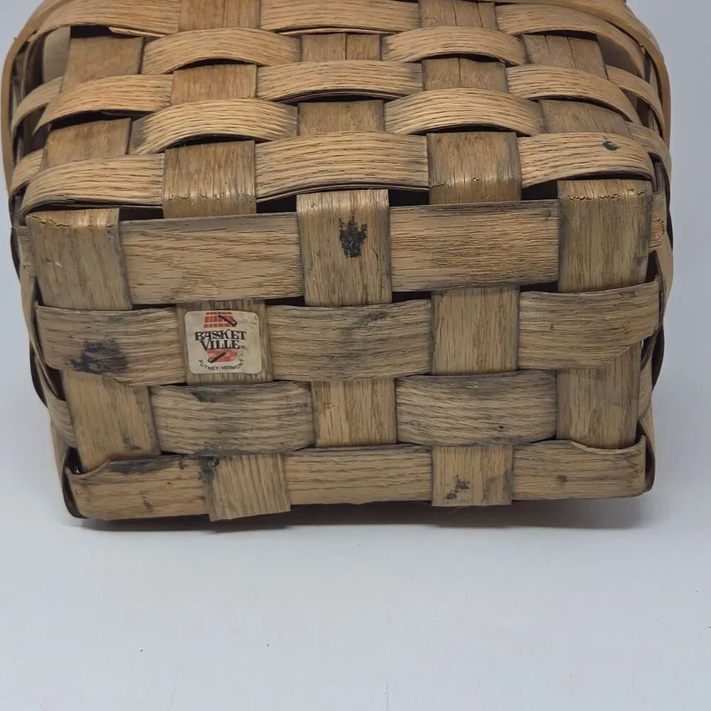 Vtg Double Handle Picnic Basket Hinged Lid Basketville Putney Vermont 10”x10”x7